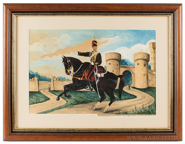 Folk Art, British Soldier on Horseback, Watercolor and Photograph Composition
R. Sinclair. Late 10th Hussars, 123 Northgate Street, Canterbury, Dec. 7th, 1878
By Richard Sinclair, (Specialist in military subjects) Late 19th Century, entire view